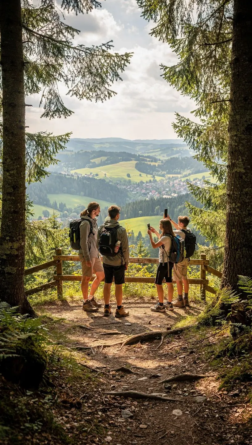 Panoramablick auf ein kleines Dorf mit malerischen Häusern, umgeben von sanften Hügeln und ländlicher Natur.