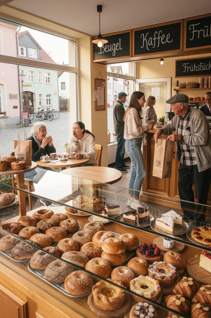 Einladendes Straßencafé mit Blick auf eine ruhige Straße, umgeben von authentischer deutscher Architektur und grünen Pflanzen.